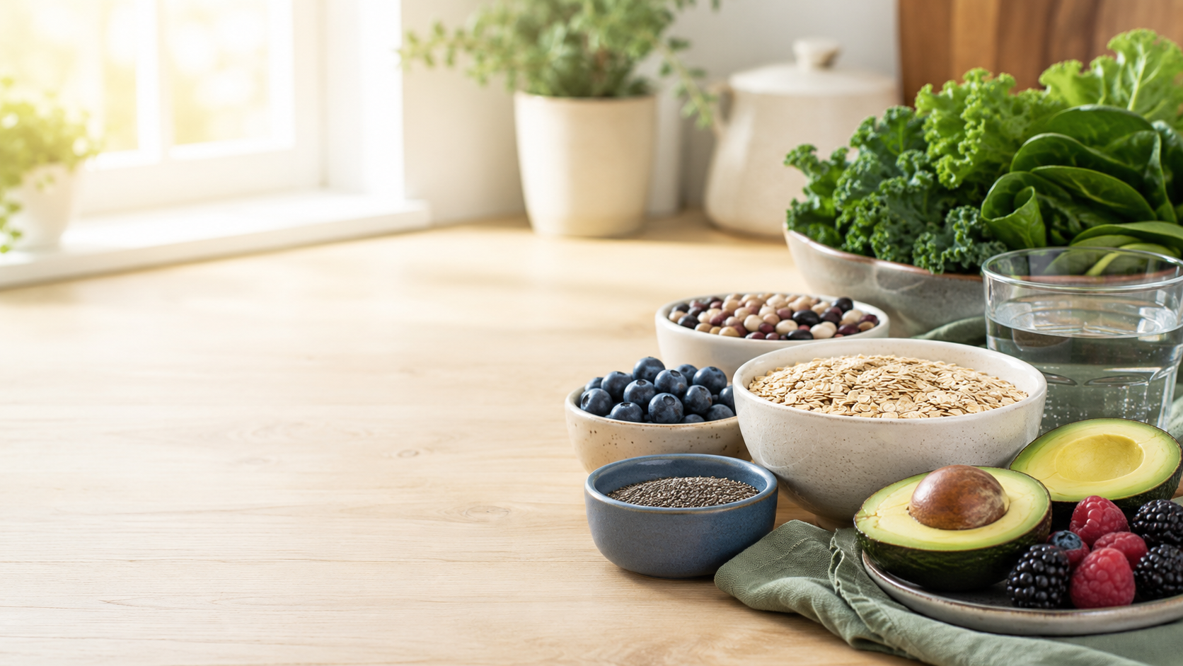 Sunlit counter with bowls of oats, berries, chia, avocado, and leafy greens