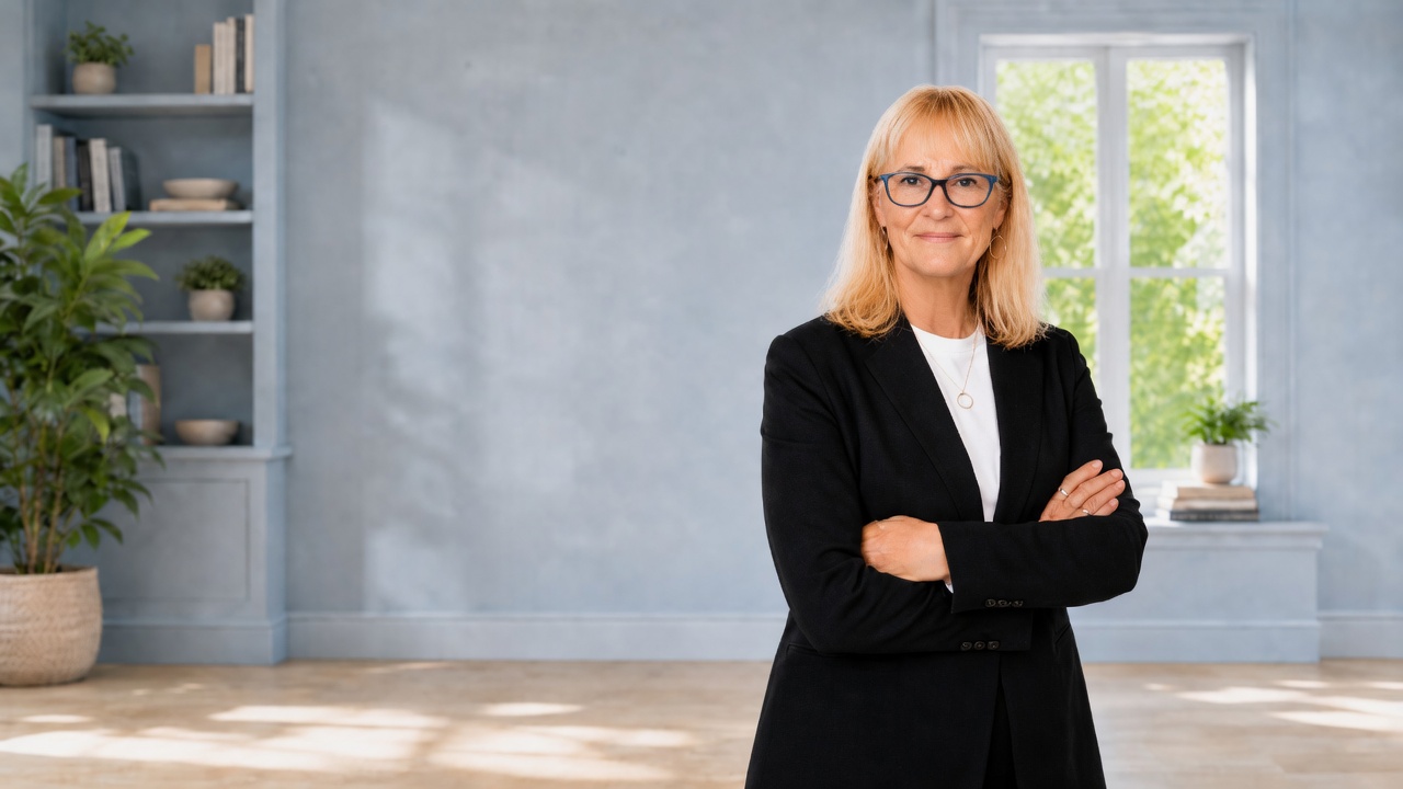 Dr. Marla Jirak standing in a calm blue health coaching studio