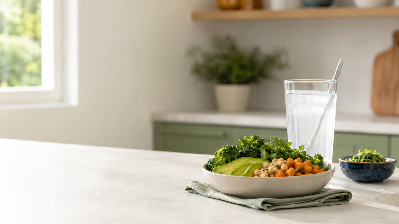 A bowl of vegetables and a glass of water with a fiber drink on a bright counter
