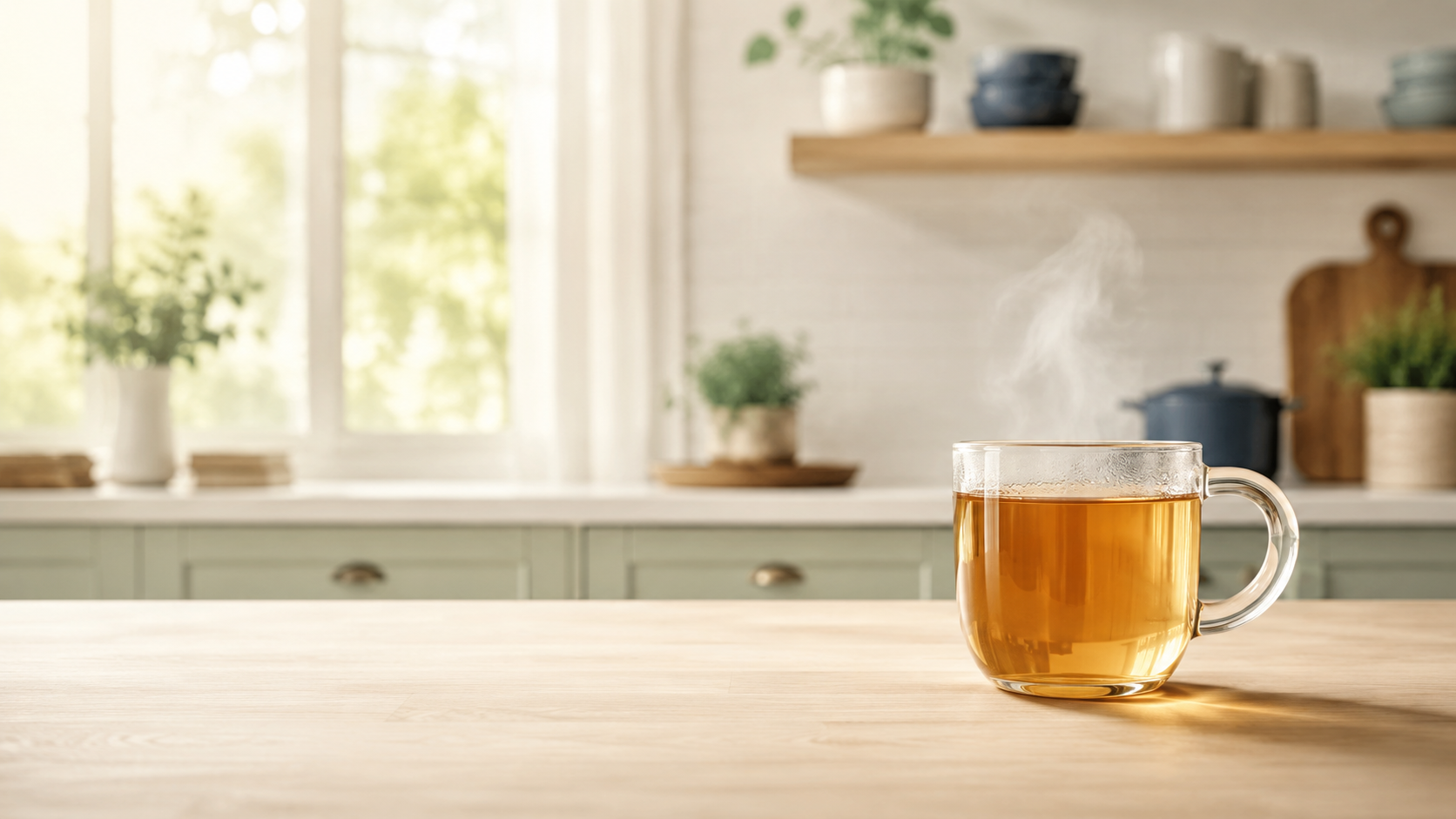 A steaming glass mug of yerba mate tea on a sunlit kitchen counter