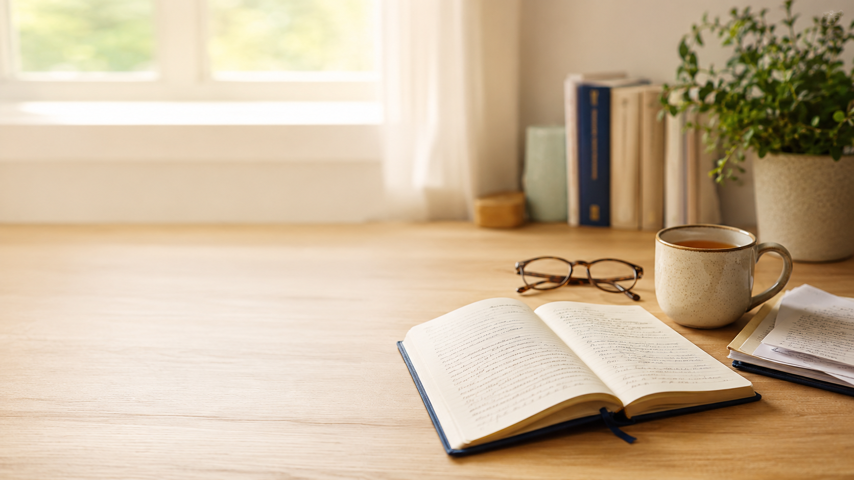 An open notebook, reading glasses, and a mug of tea on a sunlit desk
