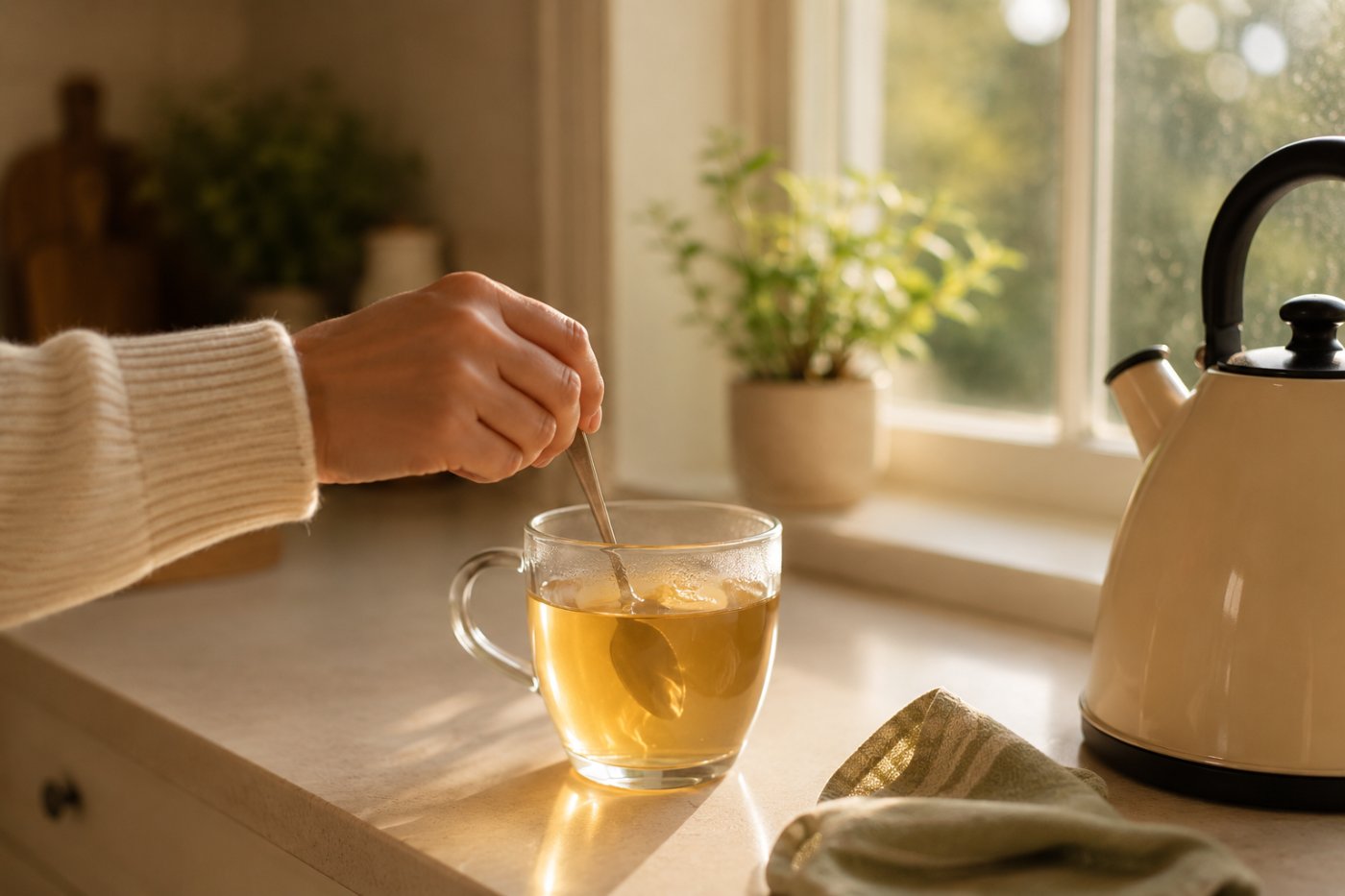 A hand stirring a glass mug of tea in warm morning light