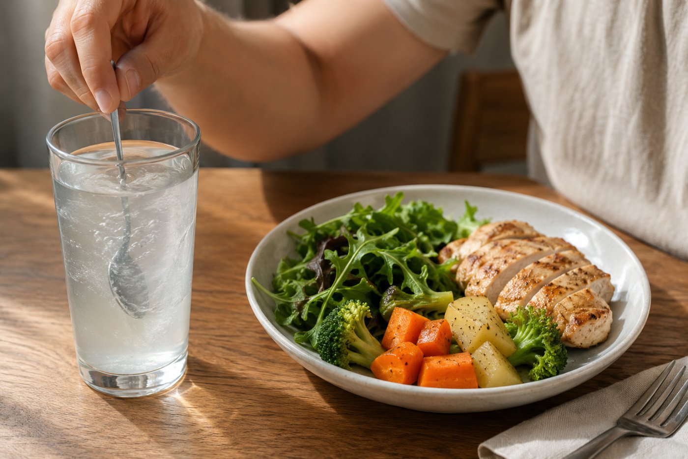 A plate of salad and vegetables beside a glass of fiber drink