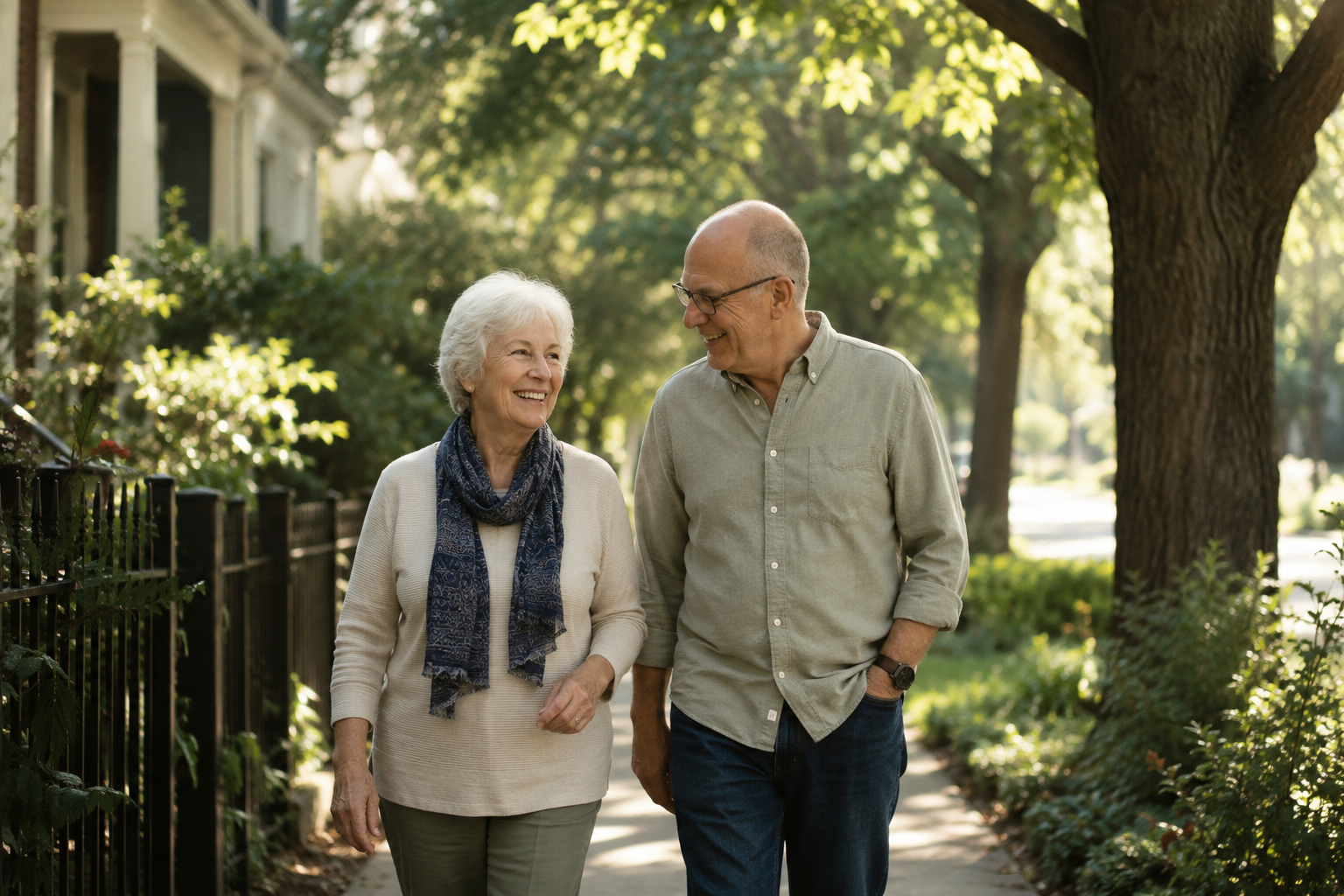 A couple walking together on a tree lined sidewalk