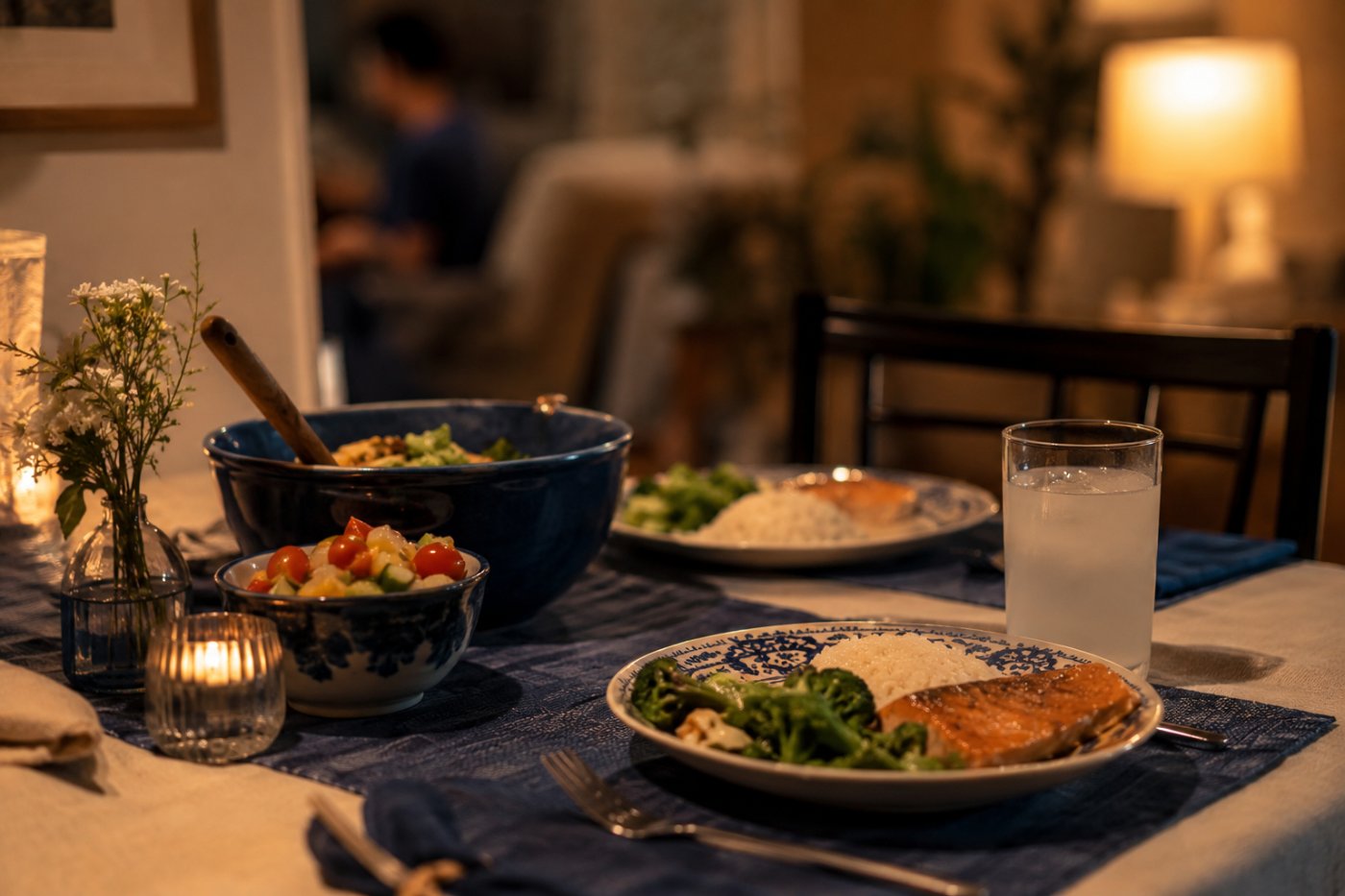 A simple candlelit dinner table with salmon, rice, and greens