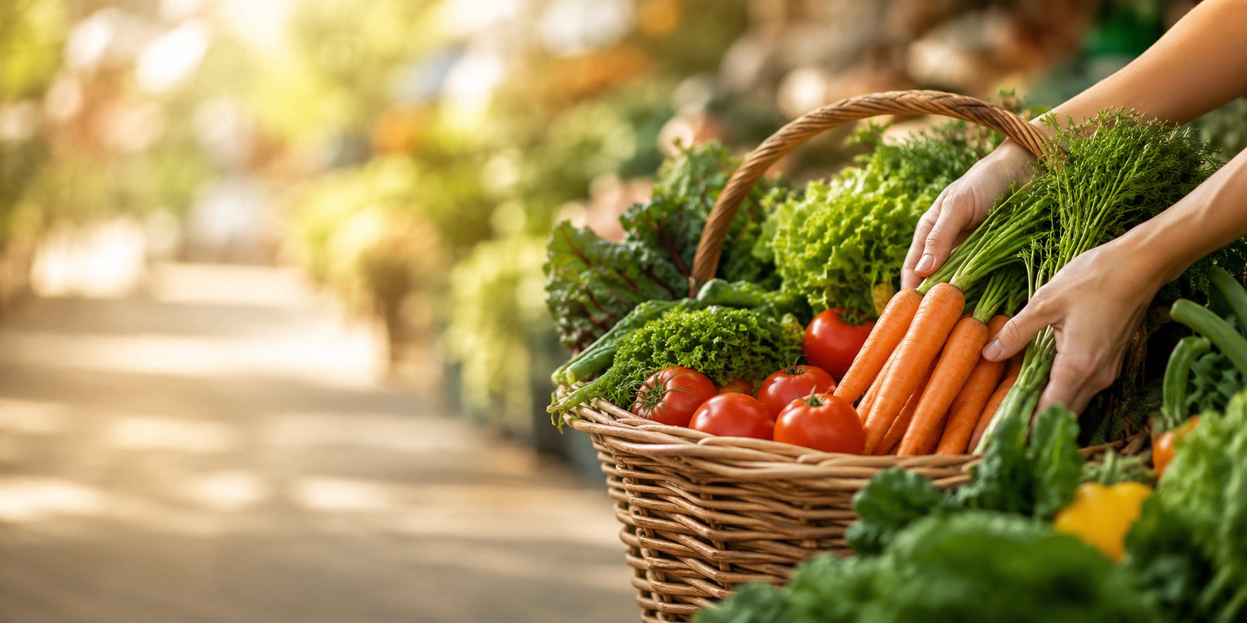 Hands placing fresh vegetables into a woven basket at a sunlit market