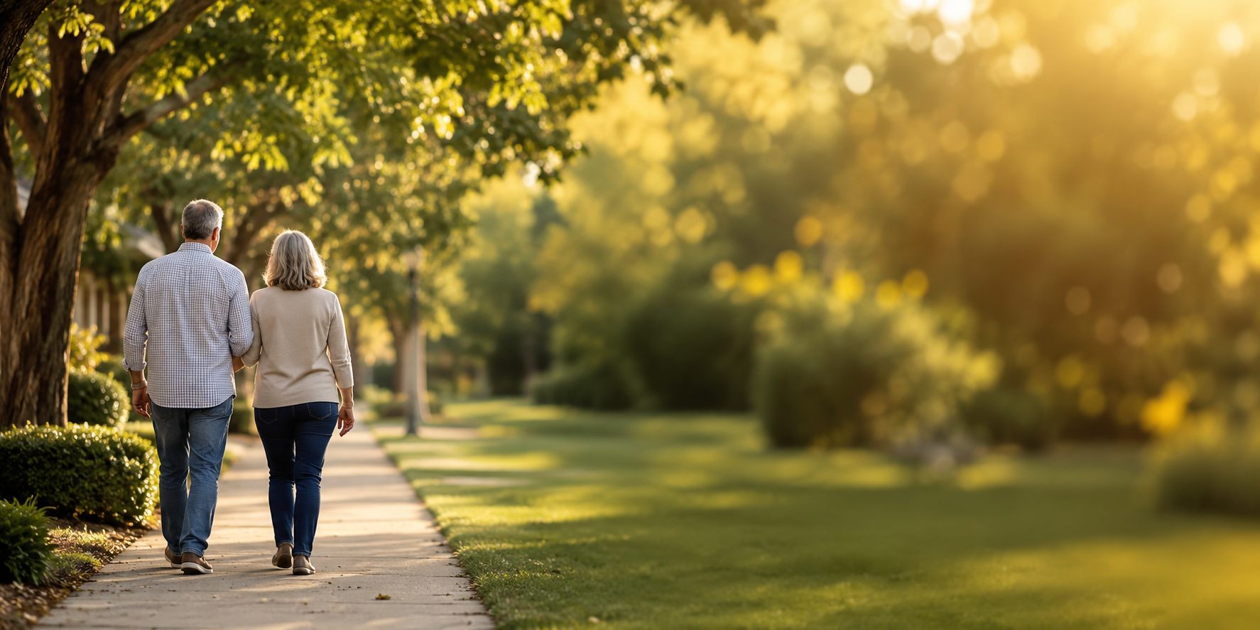 A couple walking away down a tree lined sidewalk in golden evening light