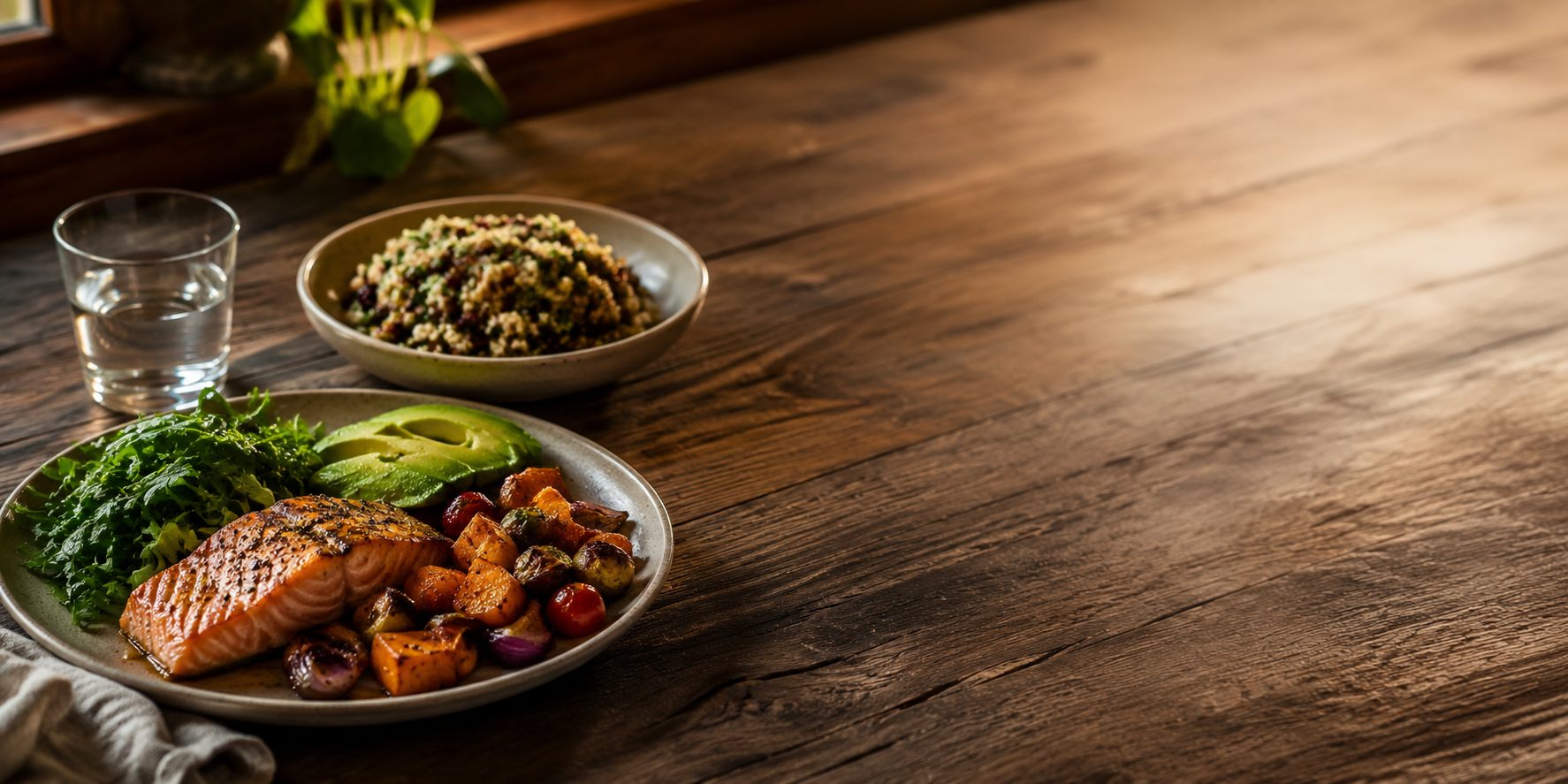 A dinner plate of salmon, roasted vegetables, avocado, and greens on a rustic wooden table