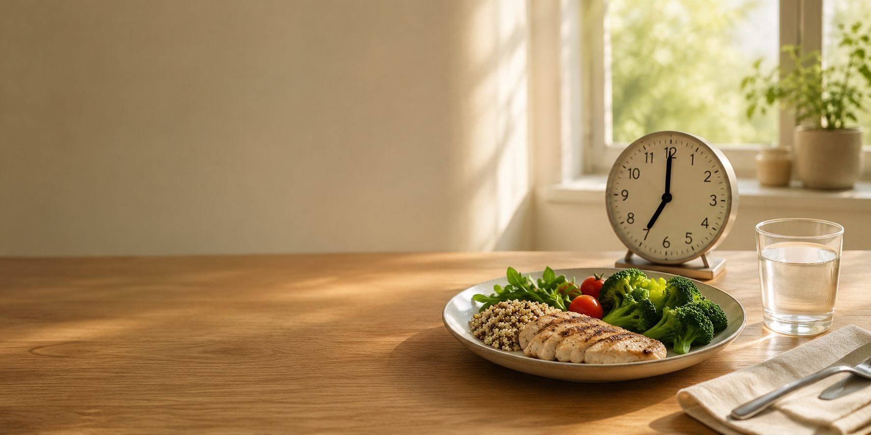 A simple plate of chicken, grains, and greens beside a kitchen clock in warm morning light