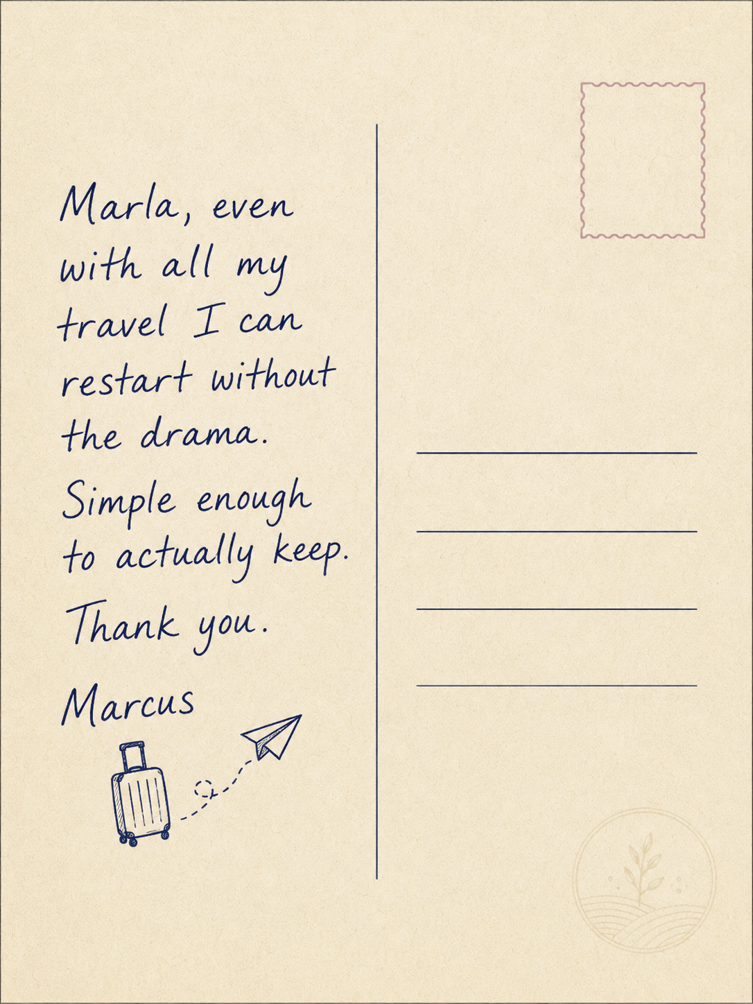 Handwritten postcard from Marcus