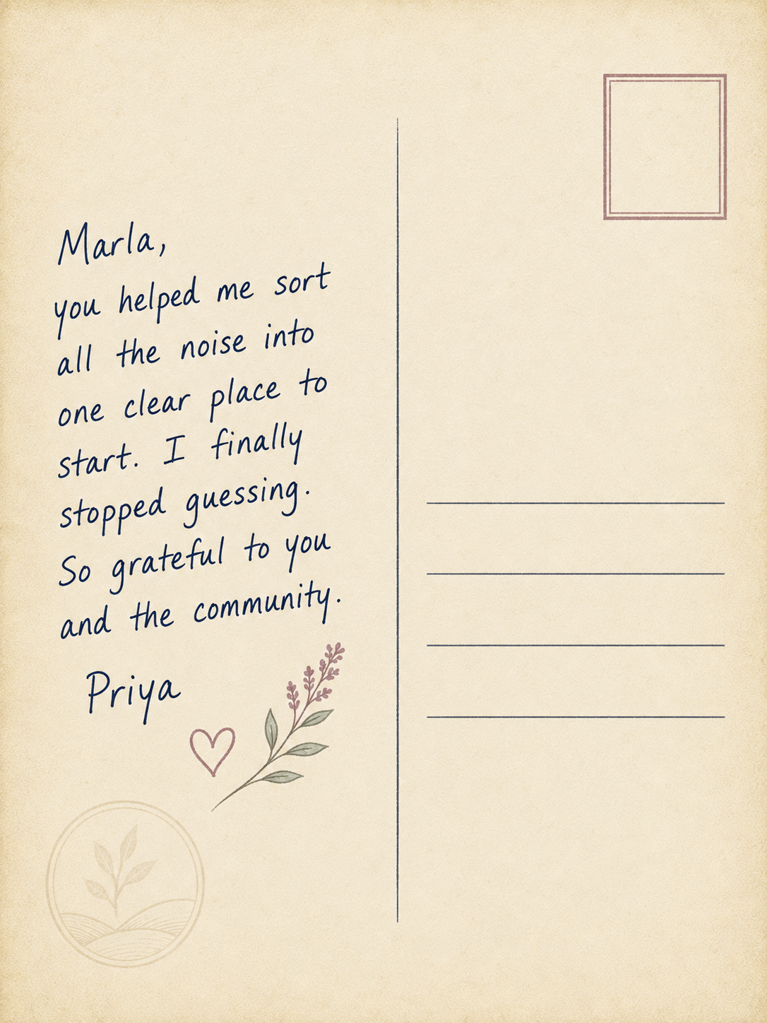 Handwritten postcard from Priya