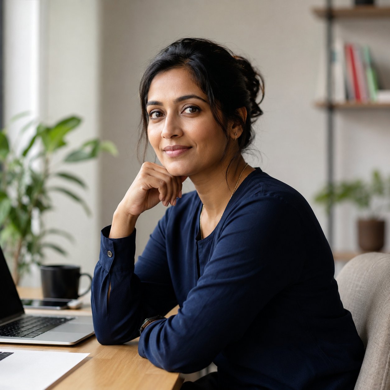 Priya at her desk