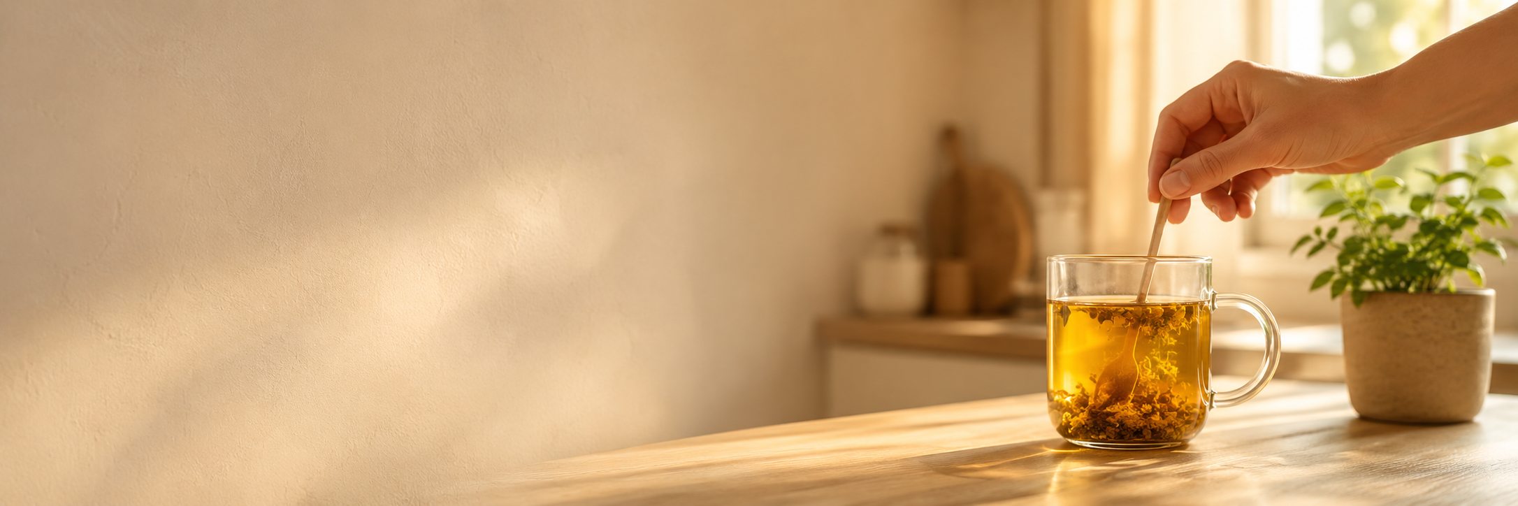 Morning light on a counter as a cup of tea is stirred